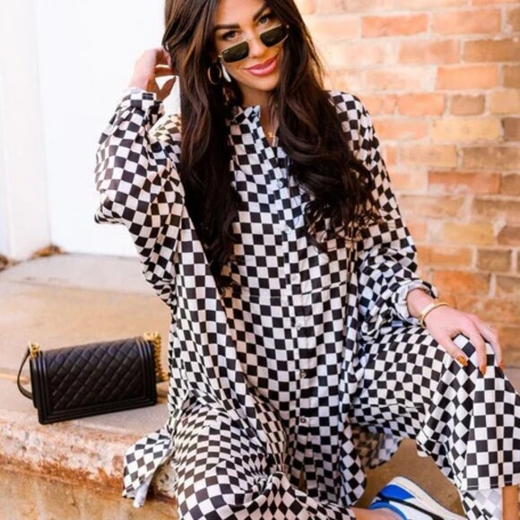 Dressed in Lala Checkerboard Satin Top S Black White Oversized Tunic Shirt - Picture 7 of 7